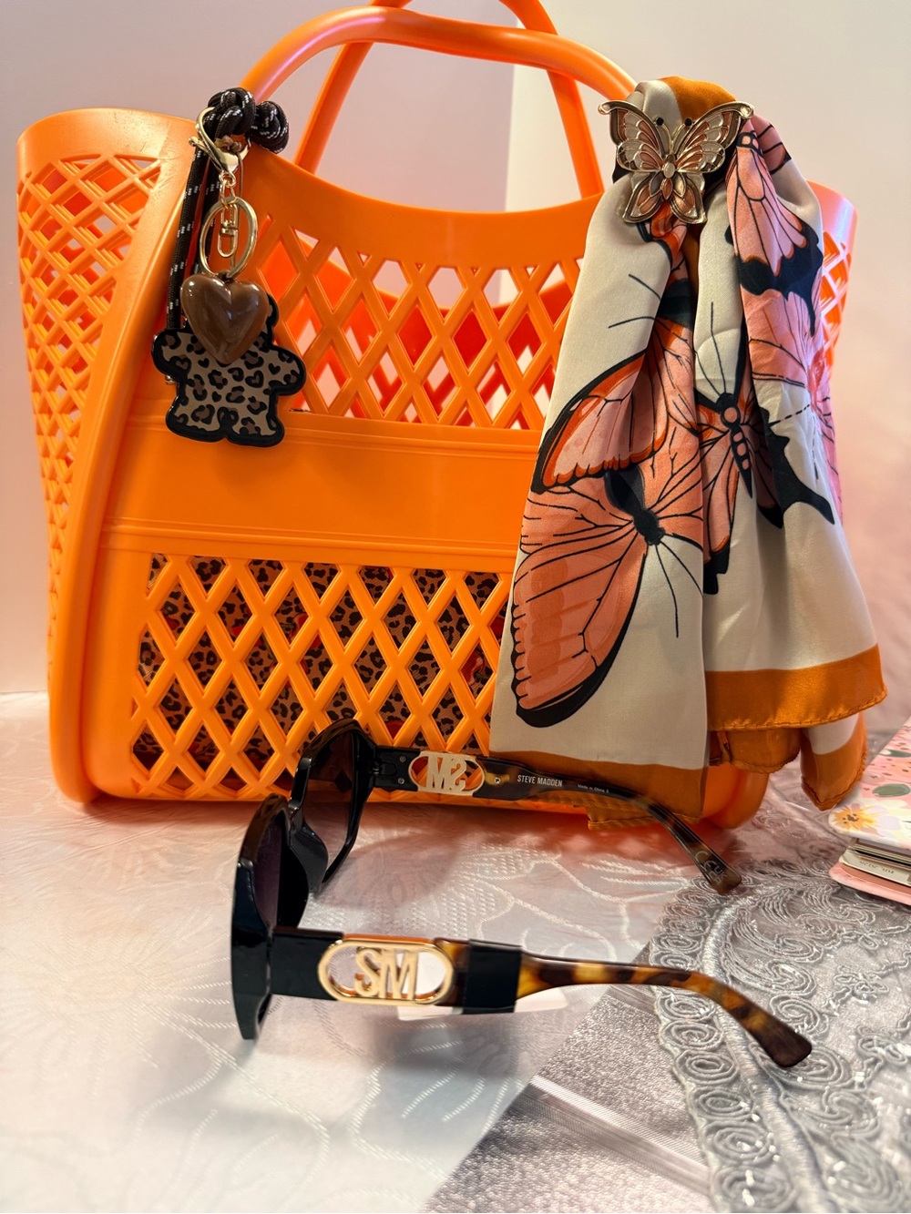 Vibrant Orange Jelly Tote with Butterfly scarf/ sunglasses  Cosmetic case